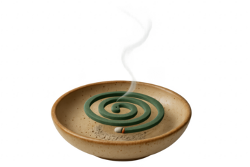 Green mosquito coil burning on ceramic plate, emitting smoke, isolated on transparent background