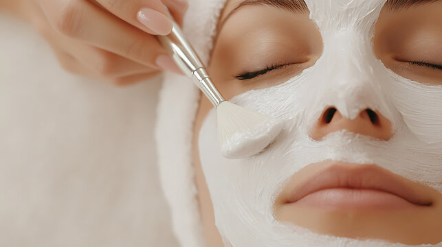 Facial Treatment: Woman receiving a white facial mask application with a brush, eyes closed in a spa setting, focusing on skincare and relaxation. - Powered by Adobe