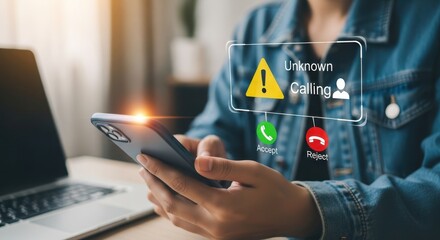 Photo of a person holding a smartphone sees an unknown calling alert with options to accept or reject, highlighting potential security risks