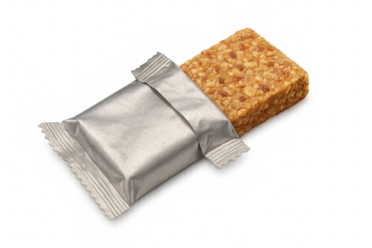 Silver-wrapped nutrition bar providing quick energy, lying beside unwrapped portion against clean transparent backdrop