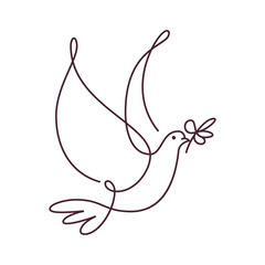 Graceful dove in flight with olive branch, a delicate one-line graphic perfect for minimalistic designs and symbolic projects.