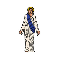 Design of a standing figure depicting Jesus Christ with a halo and flowing robe in religious art and spiritual concepts.