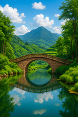 Fototapeta premium Serene stone bridge over calm water with mountain backdrop