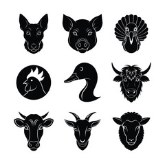 Black and White Farm Animal Head Silhouettes on a White Background