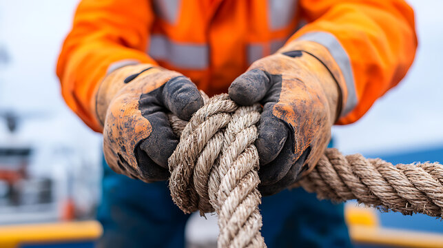 Hands gripping a thick rope, wearing protective gloves and an orange work jacket, suggesting maritime work, safety, and strength.