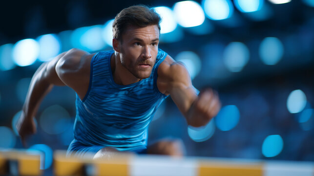 Athlete Jumping Over Hurdle in Floodlit Stadium at Night