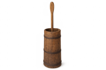 Old wooden butter churn with dasher standing on transparent background