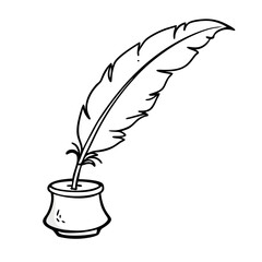 Feather quill in ink holder displayed in minimalist outline style  