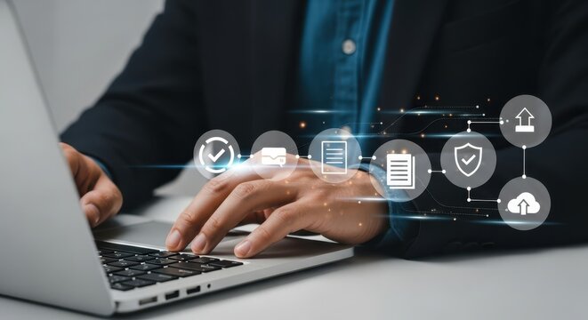 Photo of a person works on a laptop, with a digital flowchart illustrating business processes, including document management, security checks, and cloud integration