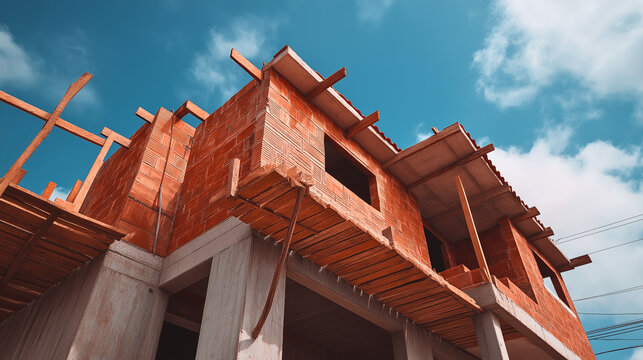 Brick-texture red concrete blocks used in double-story home