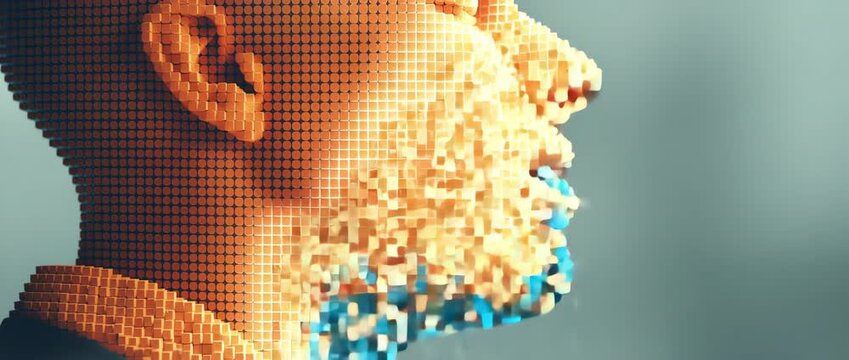 Floating head dissolving into digital fragments, evoking themes of identity and existence in a surreal void. mood is absurdly ironic, reminiscent of existential literature.