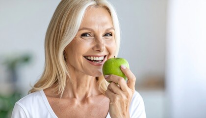 Smiling woman eating a green apple