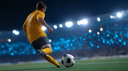 Fototapeta premium Dynamic soccer action on a floodlit stadium pitch