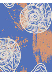Seashells and Brush Strokes on Blue Pattern