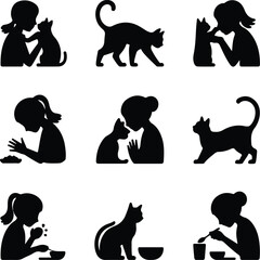 Girl Feeding Pet Cat Silhouette – Cute Child and Kitten Vector Icon Pet Care Love – Girl Feeding Cat Black Silhouette Design