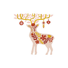 Festive deer decorated with floral motifs and ornaments creates a whimsical holiday graphic for seasonal designs and joyful greeting cards.