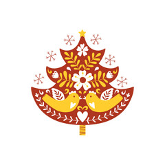 Folk art Christmas tree design featuring birds, snowflakes, and floral elements for festive decorations and holiday projects.