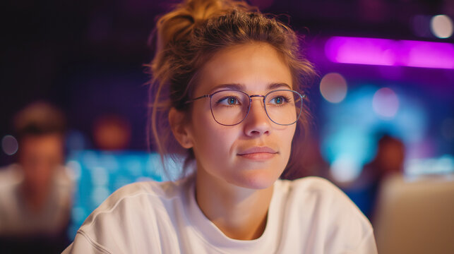 Focused game developer in a vibrant studio with neon accents