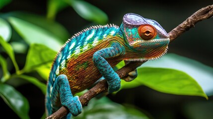 Fototapeta premium A brightly colored chameleon clinging to a thin branch