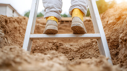 Workman on ladder in construction site. Construction worker going down into a deep trench, wearing protective gear and boots. Safety first!