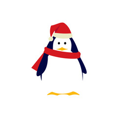 Festive penguin wearing a Santa hat and scarf, a joyful graphic suitable for holiday greetings and seasonal promotions.