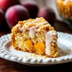 Peach crumble cake slice with icing on a white plate.