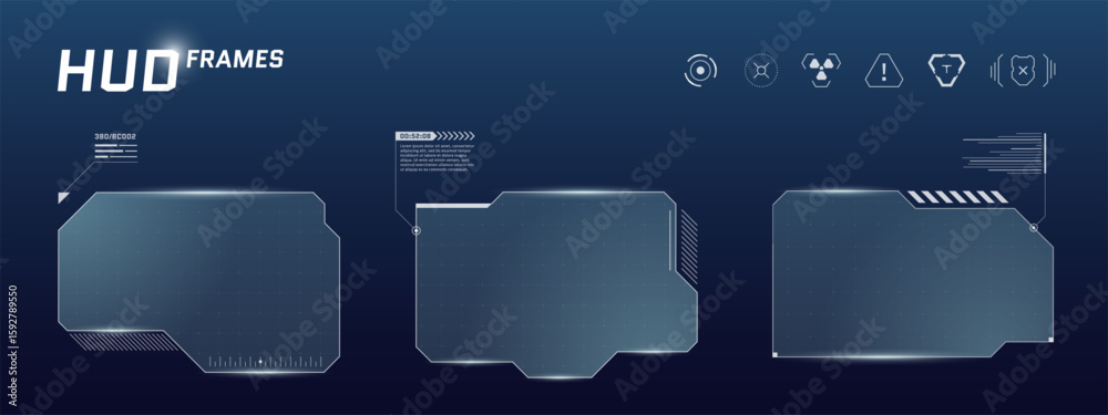 Poster blue digital interface frame with sci fi hud elements, glowing buttons and title bar. futuristic das