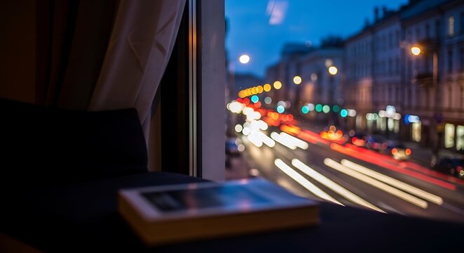 Night city lights blur through window, book rests on sill.