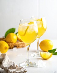 Refreshing lemon drinks on a white surface