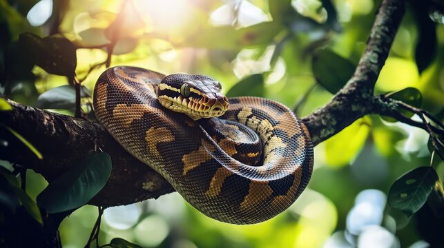 A large python coiled on the branches of a rainforest tree