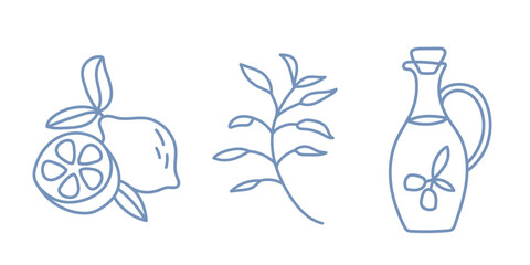 Italian set with lemons and olive oil. Blue doodle set on white background.