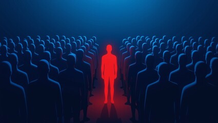 Fototapeta premium Stand Out from the Crowd Concept – Red Individual Among Blue Figures in Spotlight.