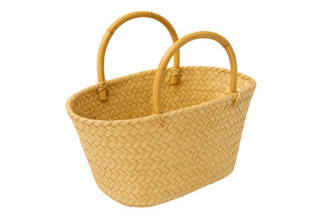Fototapeta premium Empty wicker straw basket with handles isolated on transparent background