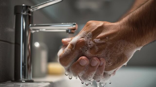 Man intensely scrubbing his hands with soap in a sterile bathroom, close-up view highlighting compulsive washing behavior linked to OCD.