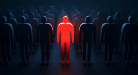 Fototapeta premium Stand Out from the Crowd Concept – Red Individual Among Blue Figures in Spotlight.