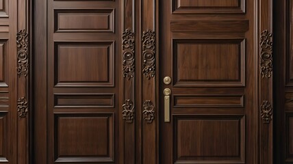 : A close-up shot of the intricate wooden panels and beautiful brass handle on a classic double door, showcasing the meticulous detail and quality of the traditional craftsmanship.
