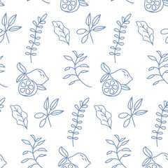 Blue outline lemon seamless pattern. Olive branch with lemon hand drawn pattern.