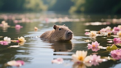 Fototapeta premium A captivating capybara gracefully swims in a serene pond adorned with delicate water lilies, creating a harmonious blend of nature's beauty and tranquility .