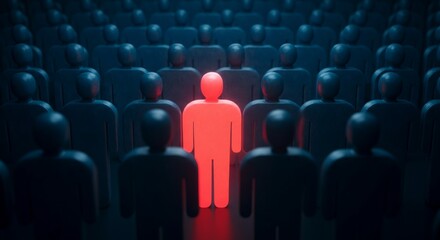 Stand Out from the Crowd Concept – Red Individual Among Blue Figures in Spotlight.