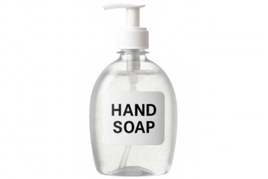 Clear plastic hand soap dispenser on a transparent background, emphasizing cleanliness and hygiene practices