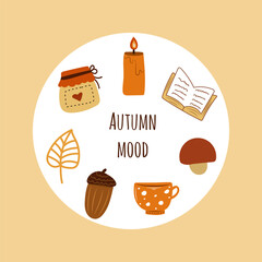 Autumn mood set in round frame. Autumn cozy elements.