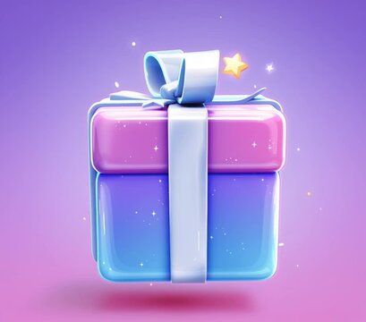 A cute gift icon with a purple and blue gradient background, a white ribbon decoration on the top, a cartoon style, a game illustration design, sparkling stars around the gift box, high resolution.