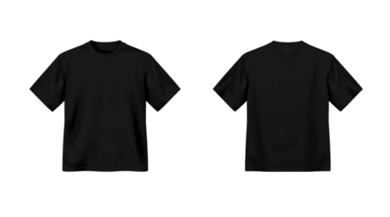 Black t-shirt in front and back view, mockup isolated on transparent background