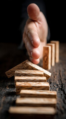 Hand reaching to stop falling wooden blocks human stopping