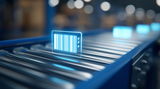 Smart conveyor hub in logistics center with AR icons above tracks - Powered by Adobe