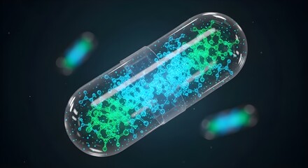 A futuristic medical capsule filled with glowing, intricate molecular structures, symbolizing advanced pharmaceutical technology and scientific innovation, 