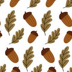 Acorn with leaf seamless pattern. Cute autumn illustration. Simple botanical pattern.