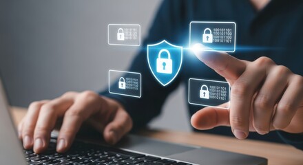 Photo of a persons finger touches a digital shield icon with a padlock, surrounded by other securityrelated icons like locks and binary code, representing data protection and cybersecurity