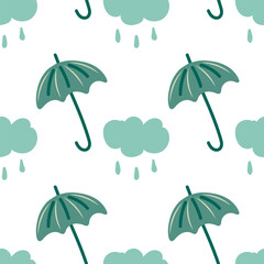 Cloud with drops of rain and umbrella. Rainy seamless pattern.