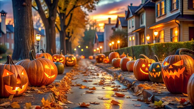Photo of a charming neighborhood street lined with glowing jackolanterns and autumn leaves on halloween night